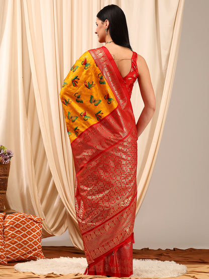Women's Cotton Blend Yellow Printed Designer Saree With Blouse Piece