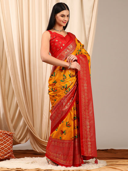 Women's Cotton Blend Yellow Printed Designer Saree With Blouse Piece