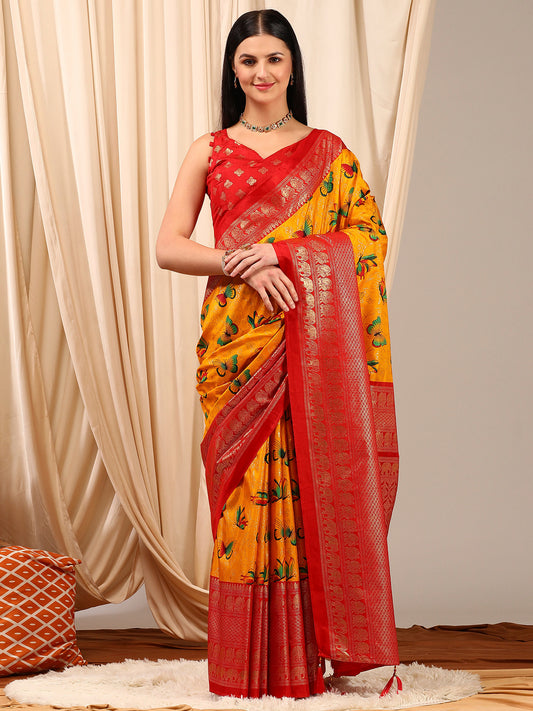 Women's Cotton Blend Yellow Printed Designer Saree With Blouse Piece