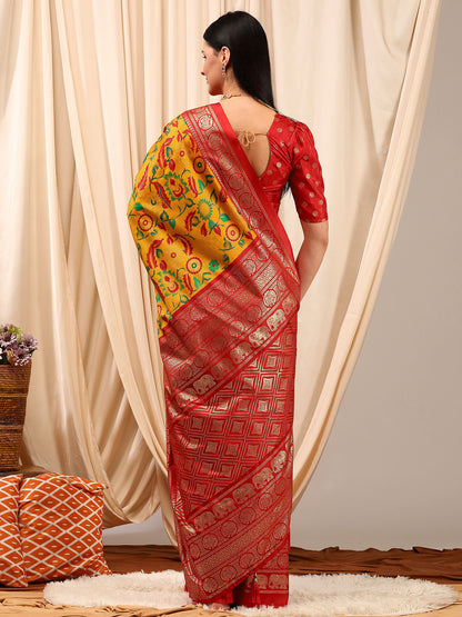 Women's Cotton Blend Yellow Printed Designer Saree With Blouse Piece