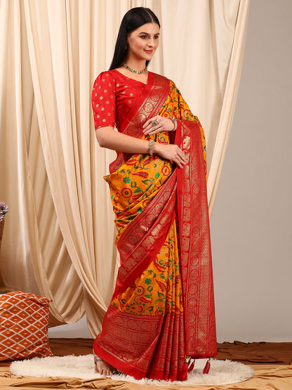 Women's Cotton Blend Yellow Printed Designer Saree With Blouse Piece