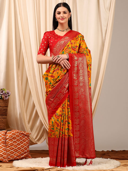 Women's Cotton Blend Yellow Printed Designer Saree With Blouse Piece