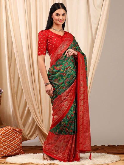 Women's Cotton Blend Green Printed Designer Saree With Blouse Piece
