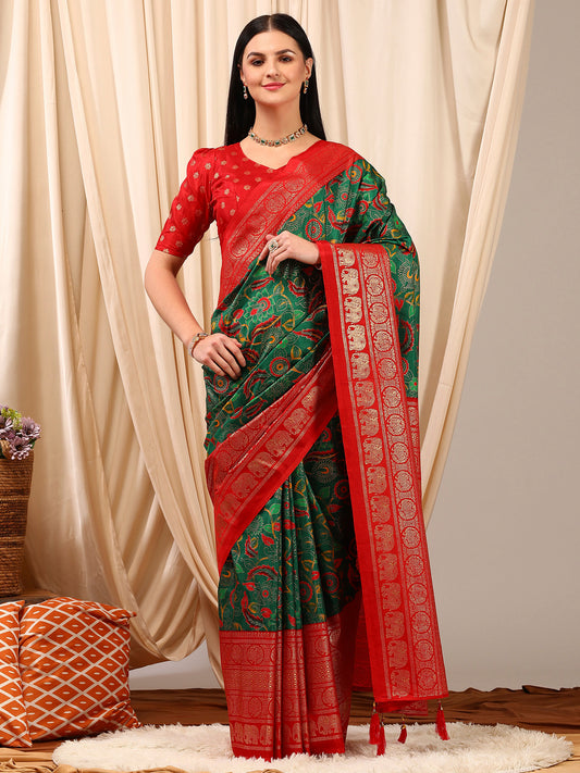 Women's Cotton Blend Green Printed Designer Saree With Blouse Piece