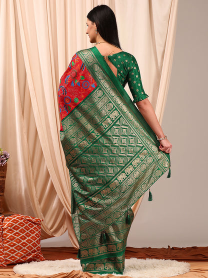 Women's Cotton Blend Red Printed Designer Saree With Blouse Piece