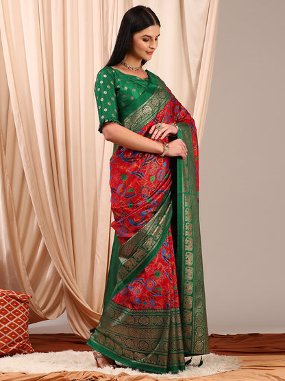 Women's Cotton Blend Red Printed Designer Saree With Blouse Piece