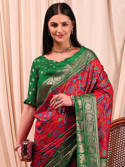 Women's Cotton Blend Red Printed Designer Saree With Blouse Piece