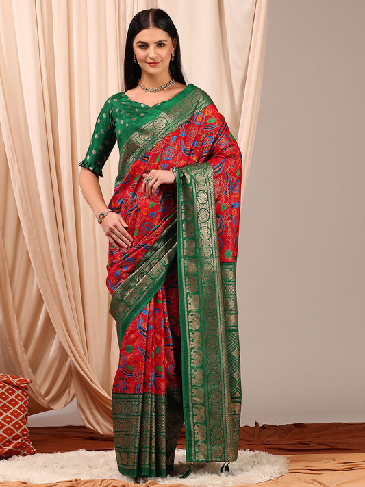 Women's Cotton Blend Red Printed Designer Saree With Blouse Piece