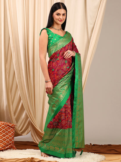 Women's Cotton Blend Magenta Printed Designer Saree With Blouse Piece