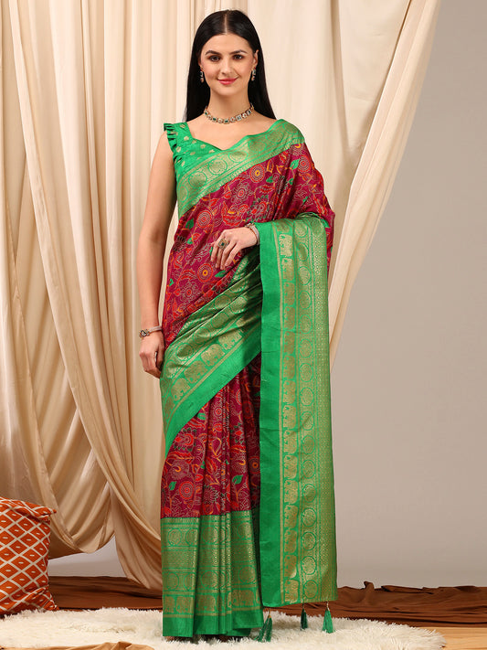Women's Cotton Blend Magenta Printed Designer Saree With Blouse Piece