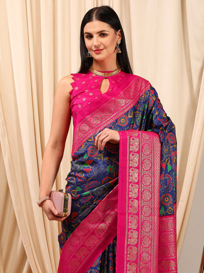 Women's Cotton Blend Navy Blue Printed Designer Saree With Blouse Piece