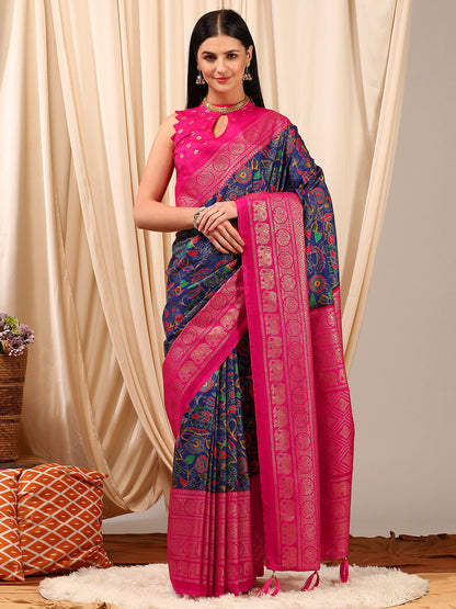 Women's Cotton Blend Navy Blue Printed Designer Saree With Blouse Piece