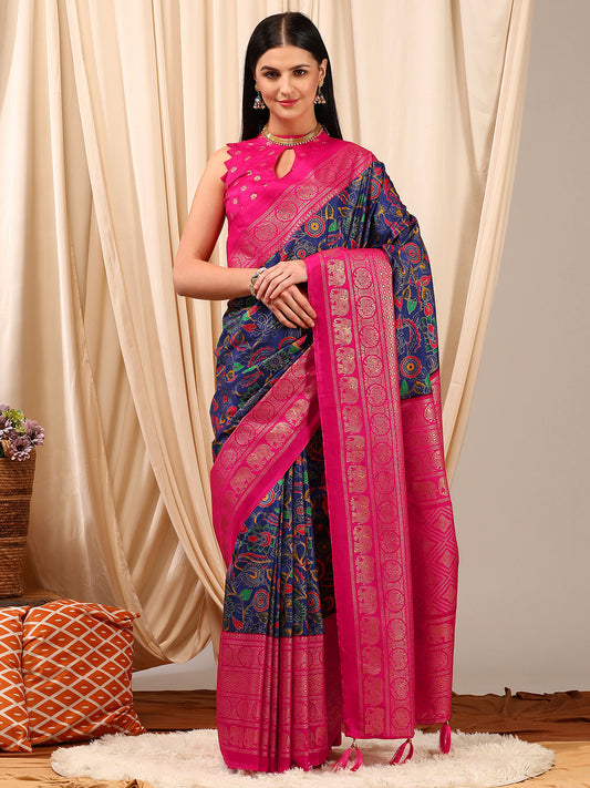 Women's Cotton Blend Navy Blue Printed Designer Saree With Blouse Piece