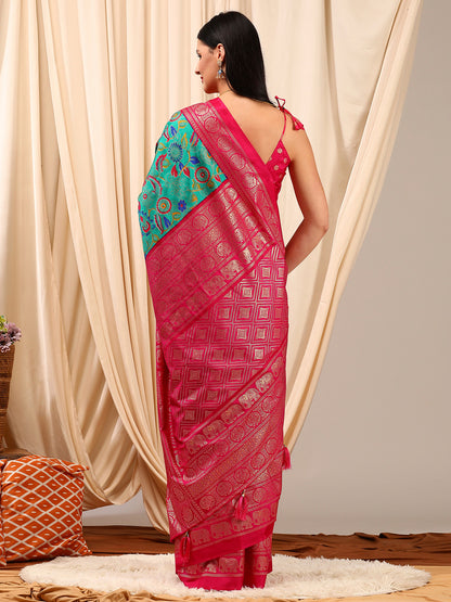 Women's Cotton Blend Blue Printed Designer Saree With Blouse Piece