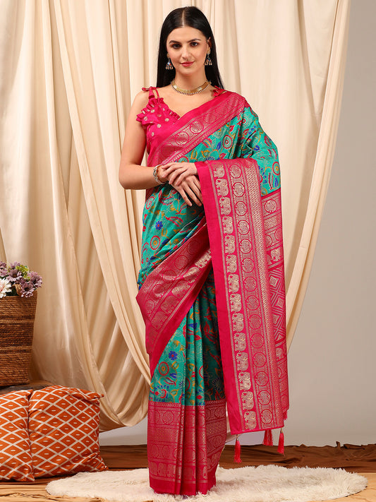 Women's Cotton Blend Blue Printed Designer Saree With Blouse Piece