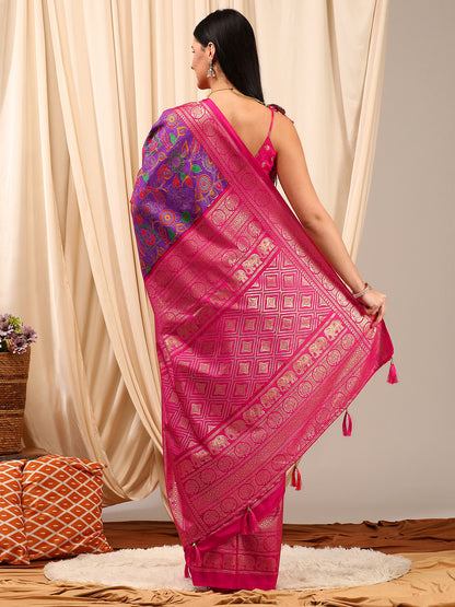 Women's Cotton Blend Purple Printed Designer Saree With Blouse Piece