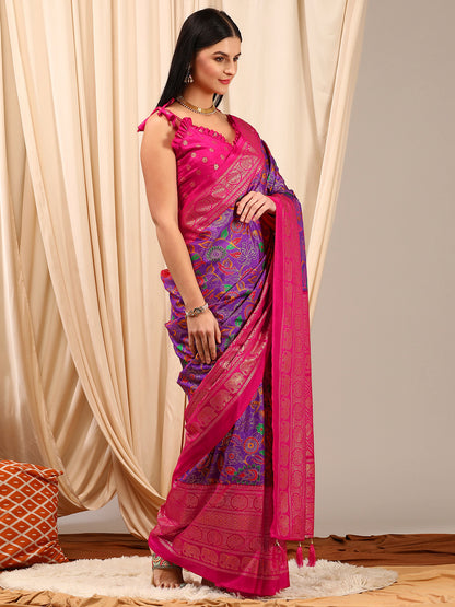 Women's Cotton Blend Purple Printed Designer Saree With Blouse Piece