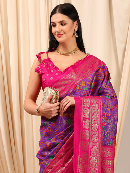 Women's Cotton Blend Purple Printed Designer Saree With Blouse Piece