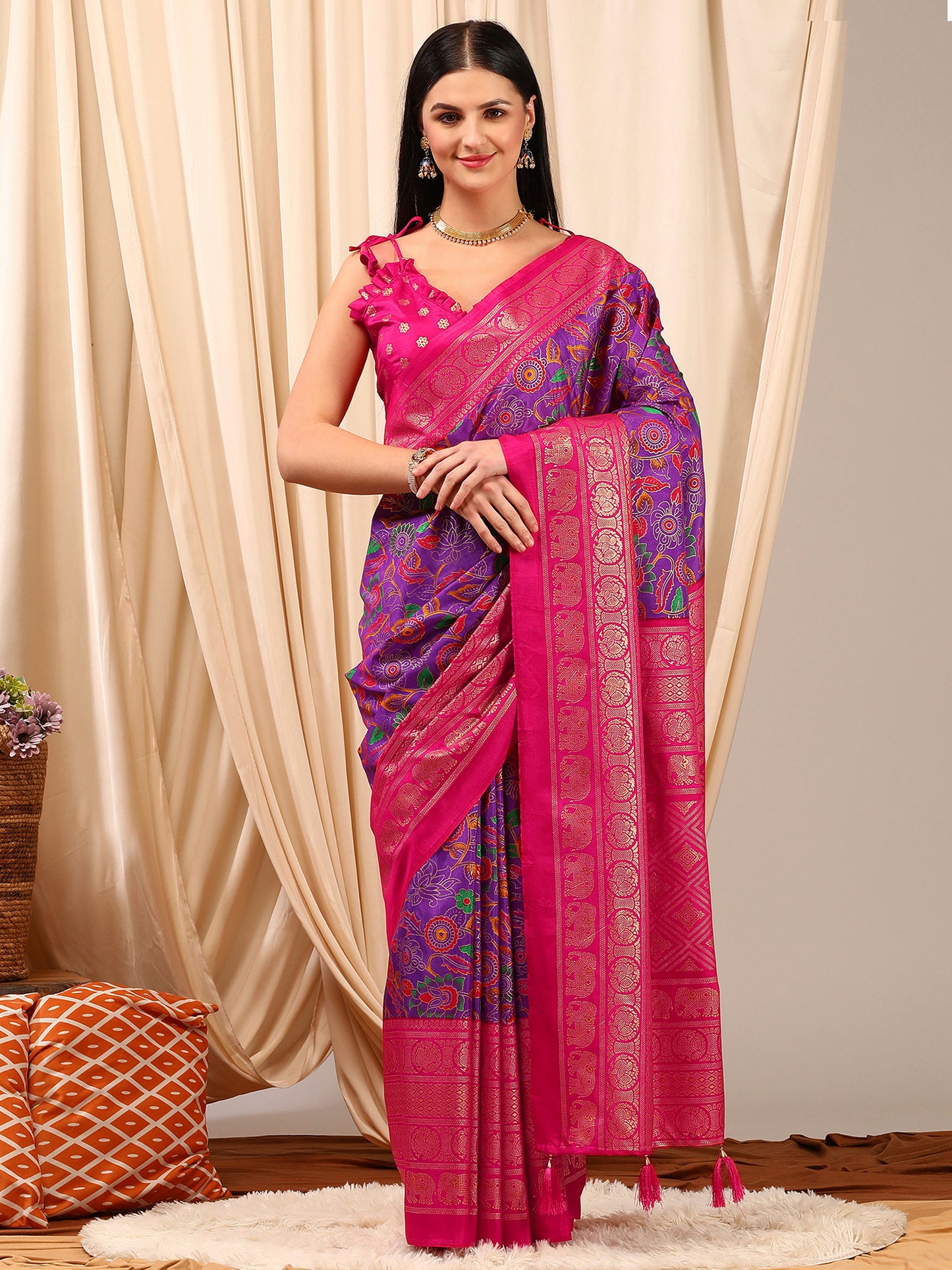 Women's Cotton Blend Purple Printed Designer Saree With Blouse Piece