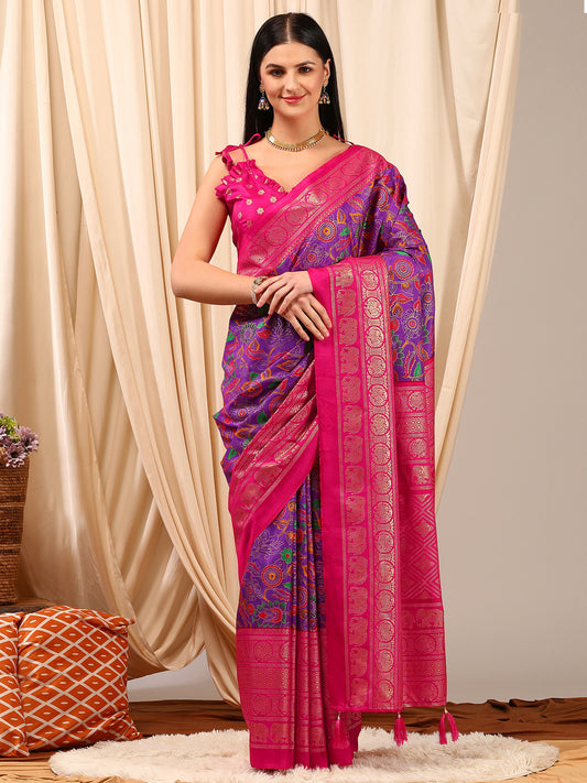 Women's Cotton Blend Purple Printed Designer Saree With Blouse Piece