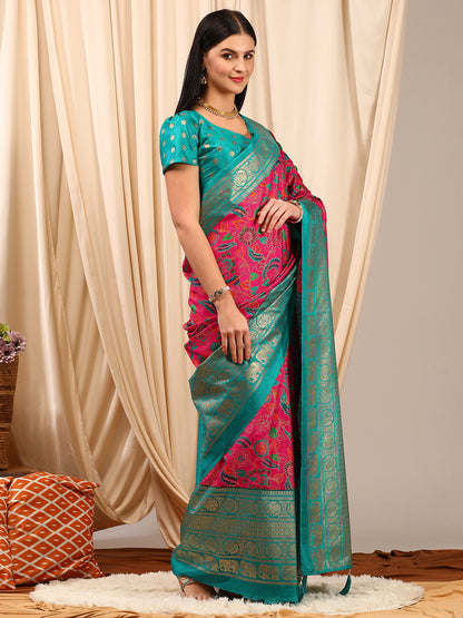 Women's Cotton Blend Pink Printed Designer Saree With Blouse Piece