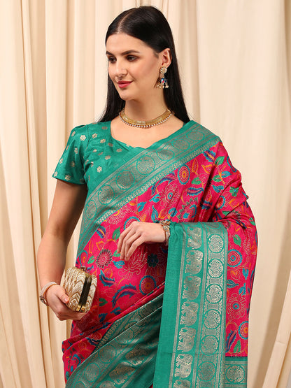 Women's Cotton Blend Pink Printed Designer Saree With Blouse Piece