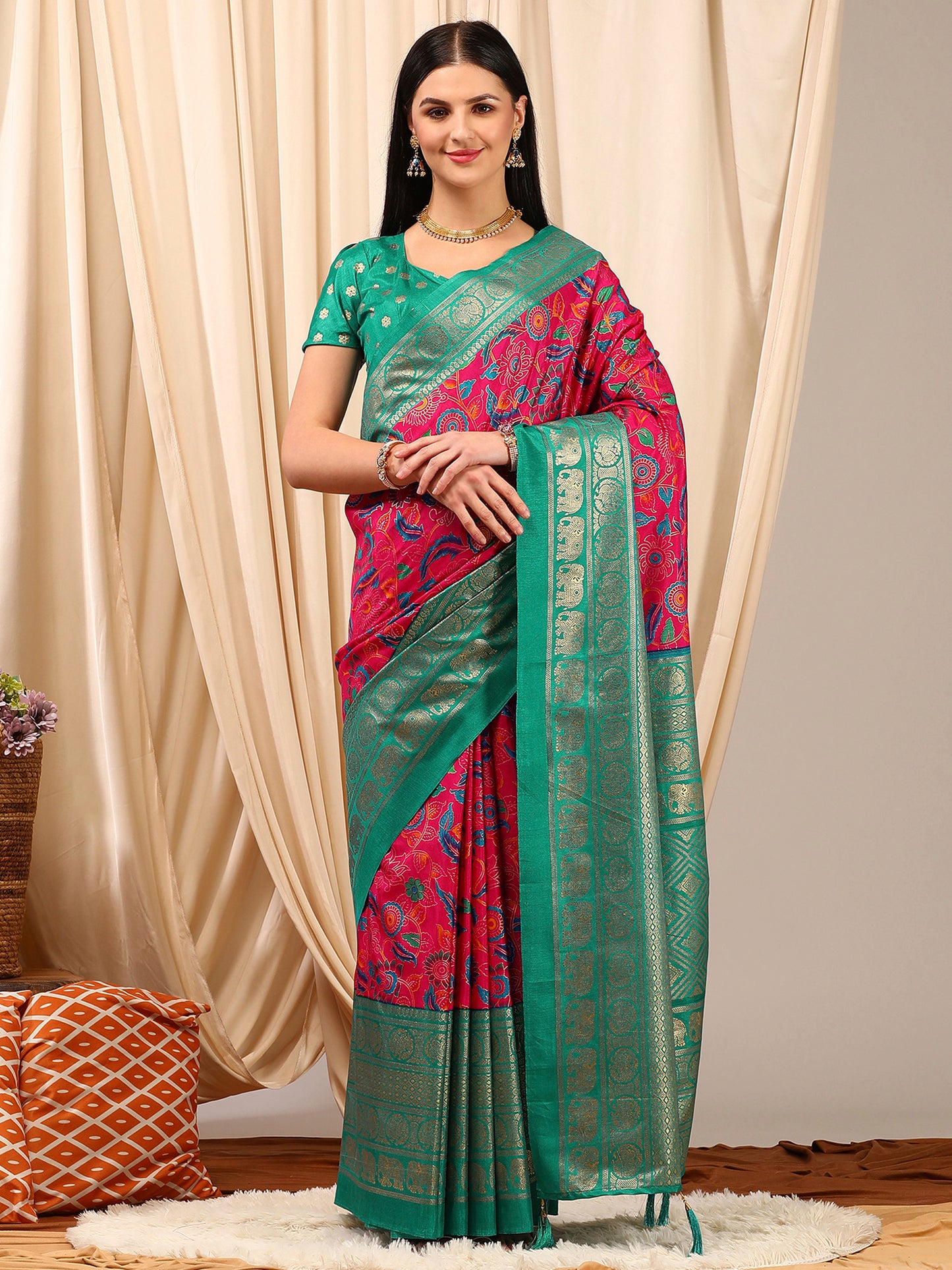 Women's Cotton Blend Pink Printed Designer Saree With Blouse Piece