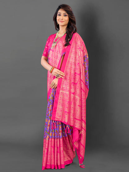 Women's Cotton Blend Lavendar Printed Designer Saree With Blouse Piece