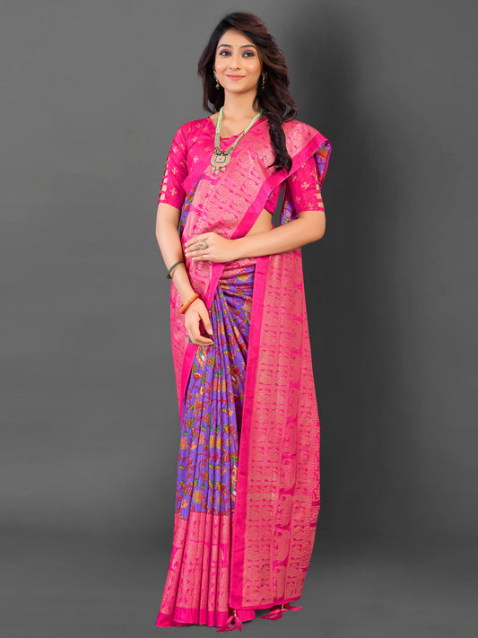 Women's Cotton Blend Lavendar Printed Designer Saree With Blouse Piece