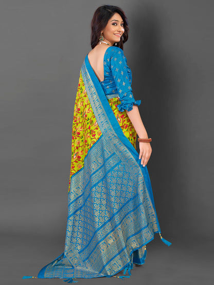 Women's Cotton Blend Light Green Printed Designer Saree With Blouse Piece
