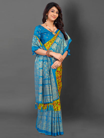 Women's Cotton Blend Light Green Printed Designer Saree With Blouse Piece