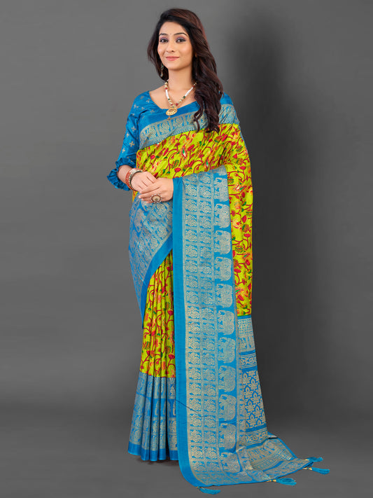 Women's Cotton Blend Light Green Printed Designer Saree With Blouse Piece