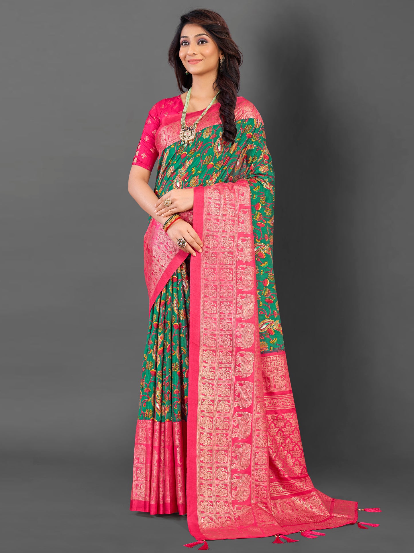 Women's Cotton Blend Teal green Printed Designer Saree With Blouse Piece