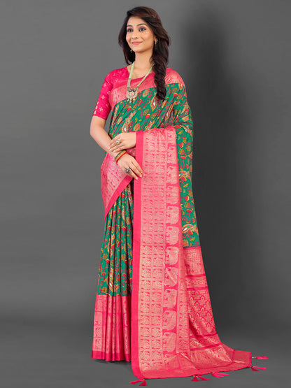 Women's Cotton Blend Teal green Printed Designer Saree With Blouse Piece