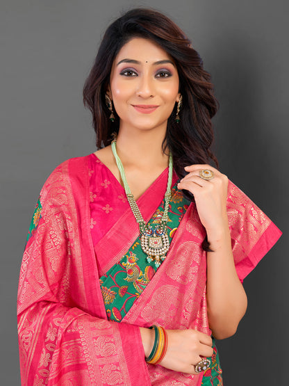 Women's Cotton Blend Teal green Printed Designer Saree With Blouse Piece