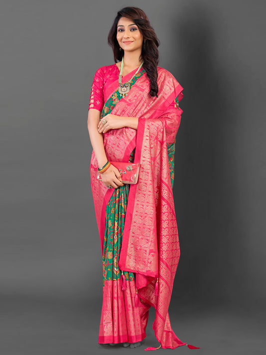 Women's Cotton Blend Teal green Printed Designer Saree With Blouse Piece