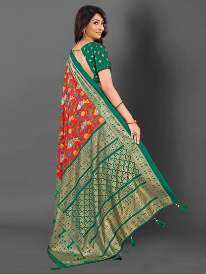 Women's Cotton Blend Red Printed Designer Saree With Blouse Piece