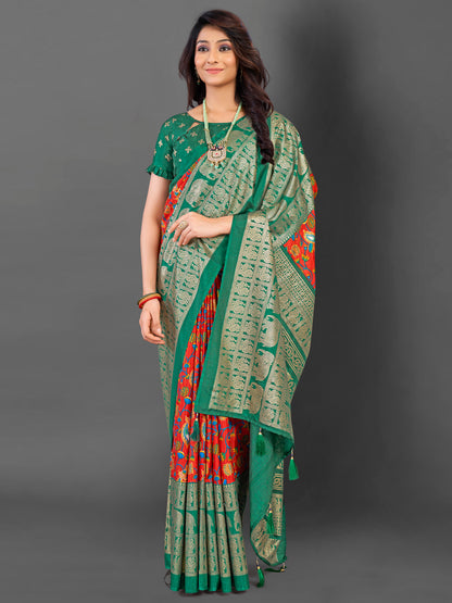 Women's Cotton Blend Red Printed Designer Saree With Blouse Piece