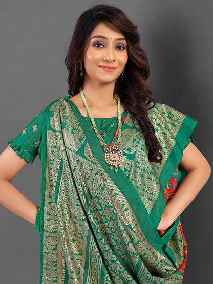 Women's Cotton Blend Red Printed Designer Saree With Blouse Piece