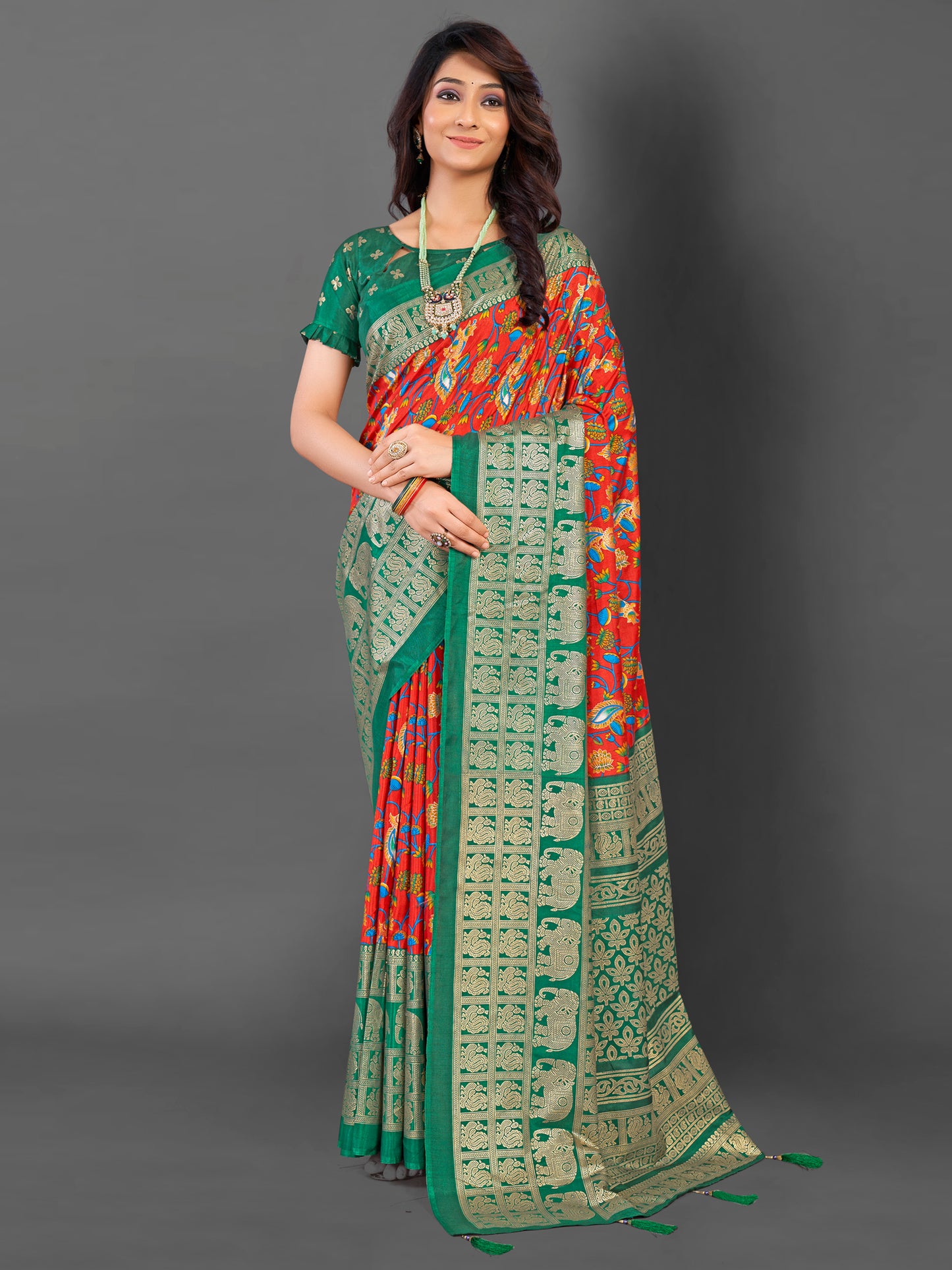 Women's Cotton Blend Red Printed Designer Saree With Blouse Piece
