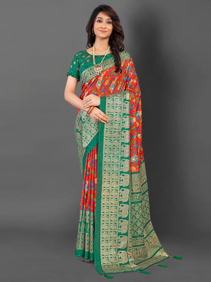 Women's Cotton Blend Red Printed Designer Saree With Blouse Piece