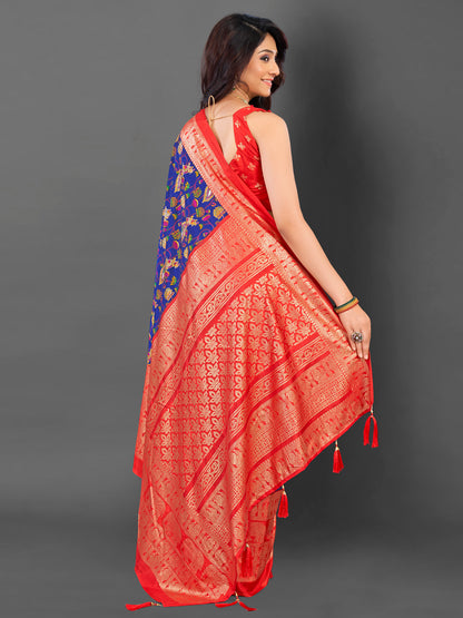 Women's Cotton Blend Blue Printed Designer Saree With Blouse Piece