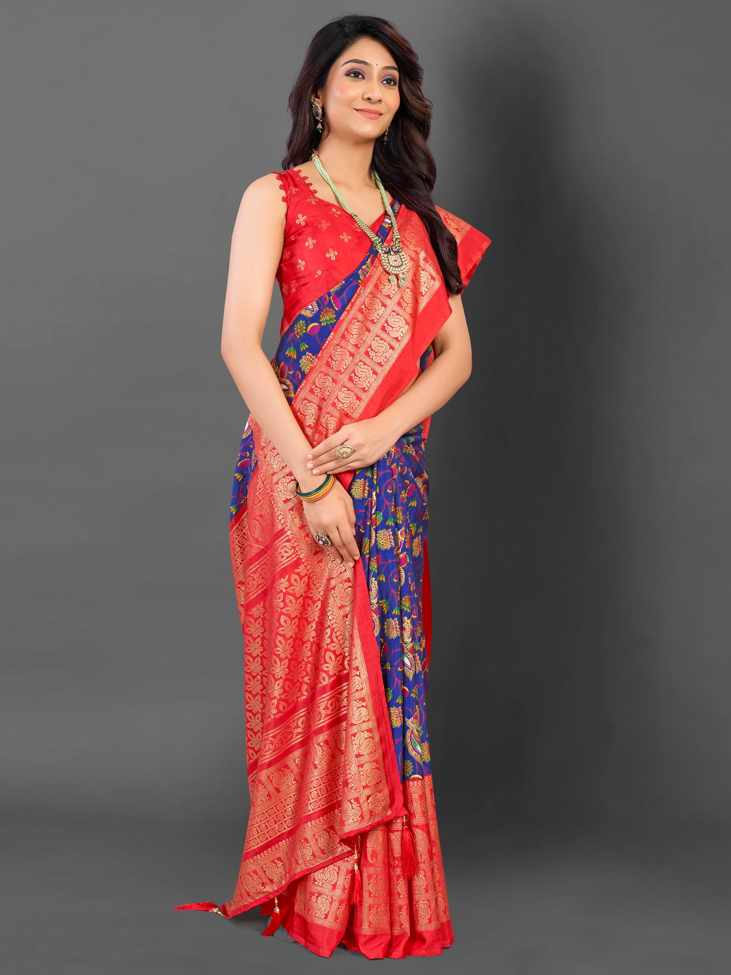 Women's Cotton Blend Blue Printed Designer Saree With Blouse Piece