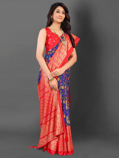 Women's Cotton Blend Blue Printed Designer Saree With Blouse Piece