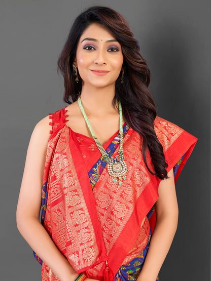 Women's Cotton Blend Blue Printed Designer Saree With Blouse Piece