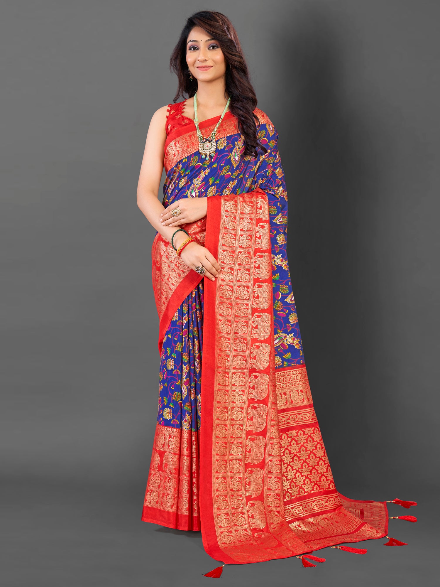 Women's Cotton Blend Blue Printed Designer Saree With Blouse Piece