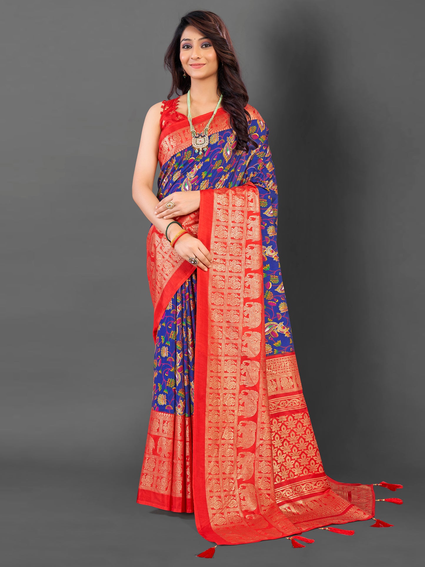 Women's Cotton Blend Blue Printed Designer Saree With Blouse Piece