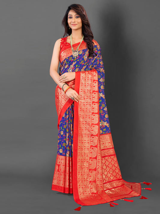 Women's Cotton Blend Blue Printed Designer Saree With Blouse Piece