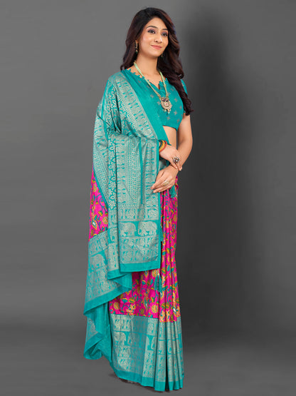 Women's Cotton Blend Pink Printed Designer Saree With Blouse Piece