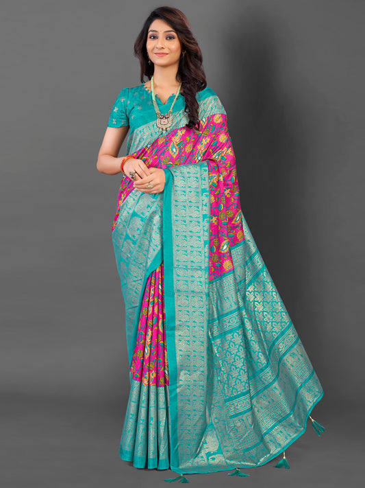Women's Cotton Blend Pink Printed Designer Saree With Blouse Piece